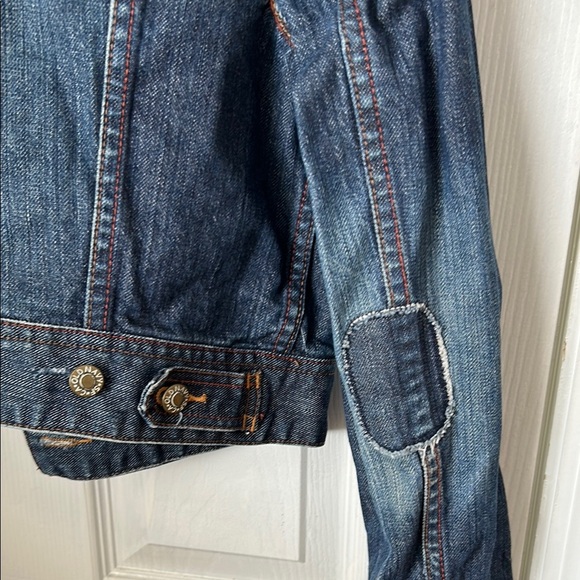 Y2K Special Edition Old Navy Women's Blue Denim Jacket cropped leather cuff med - Picture 6 of 14